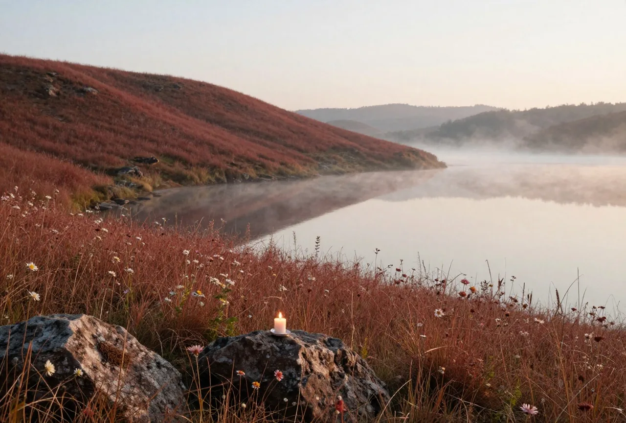 Ein grasbewachsener Hang über einem ruhigen See am frühen Morgen, vorne Wildblumen und Felsen, Dunst über dem Wasser