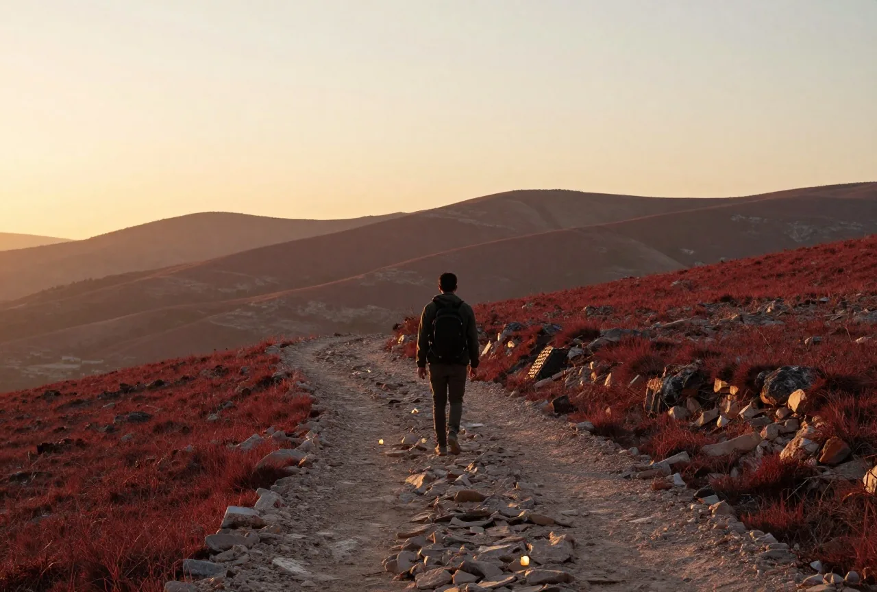 Ein Wanderer von hinten auf einem steinigen Bergpfad bei Sonnenaufgang über den Hügeln von Judäa