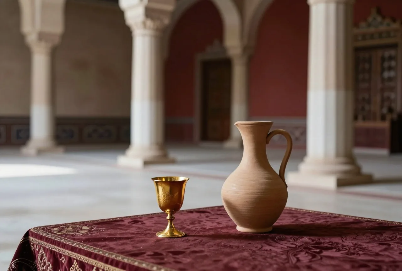 Ein goldener Becher und ein Tonkrug auf einem niedrigen Tisch in einer persischen Palasthalle mit hohen Säulen