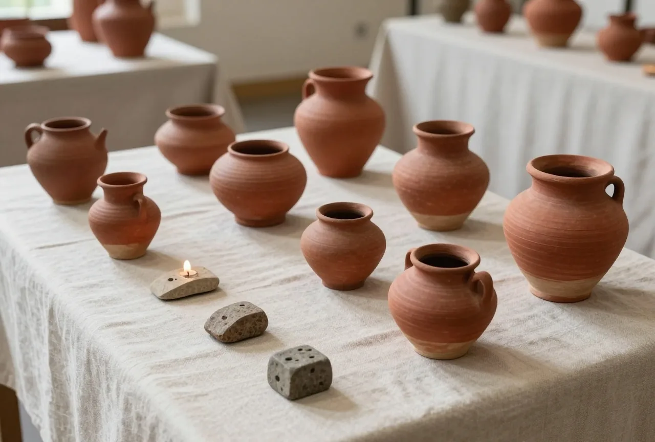 Henkel alter Tonkrüge und kleine Steinsiegel auf einem Leinentuch in einem ruhigen Arbeitsraum im Museum