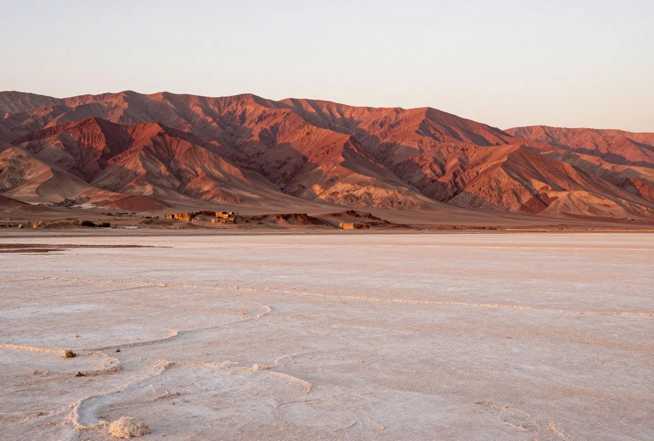Eine trockene, zerklüftete Landschaft südlich des Toten Meeres mit rötlichen Bergen und hellem Salzufer bei Sonnenaufgang