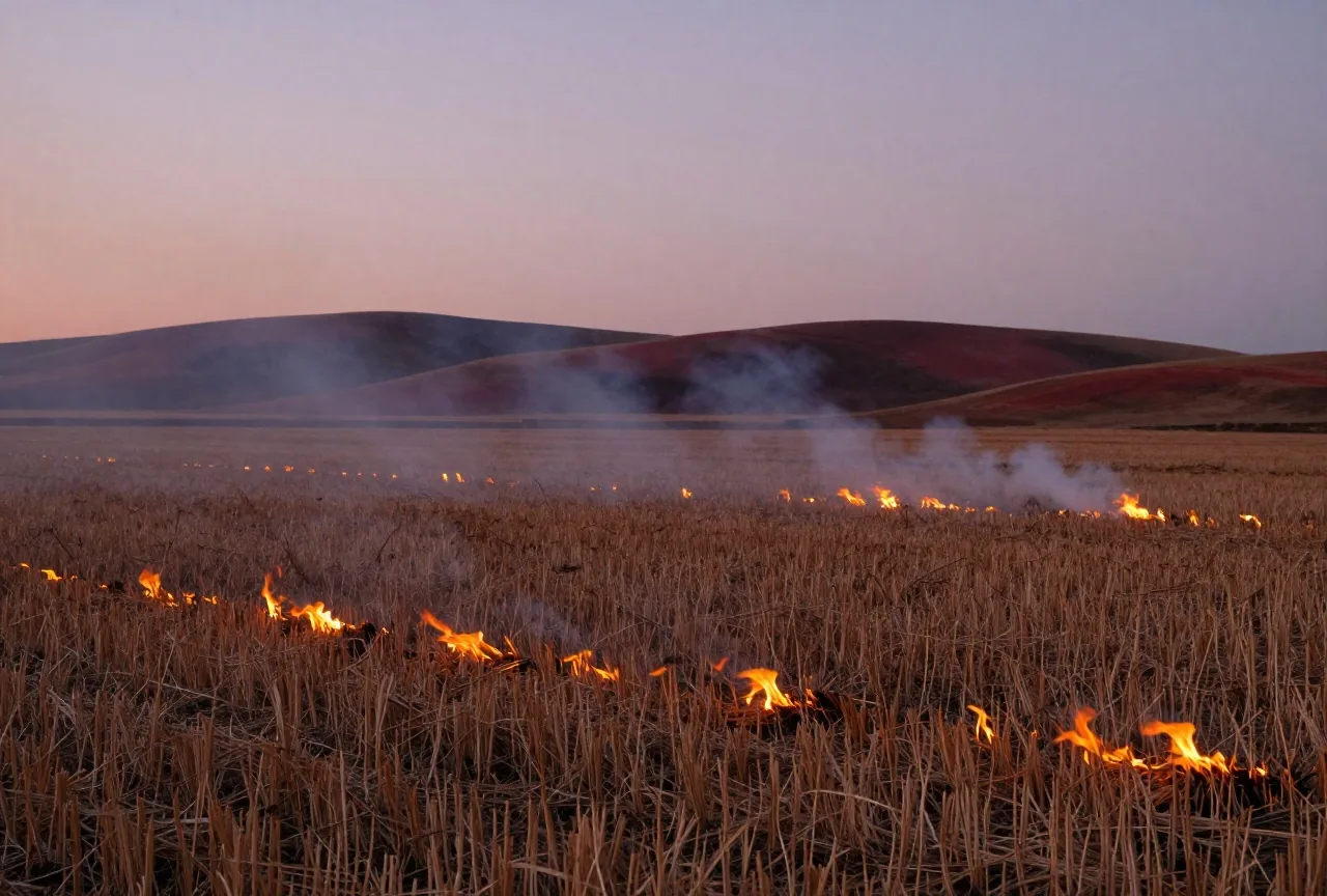 Ein abgeerntetes Stoppelfeld mit niedrigen orangen Flammen und Rauch in der Abenddämmerung, dahinter sanfte Hügel