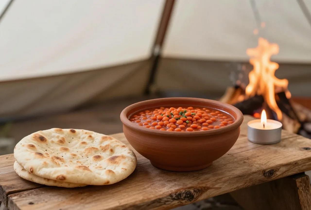 Eine flache Tonschale mit rotem Linsengericht und ein rundes Fladenbrot auf einem groben Holzbrett in einem Zelt