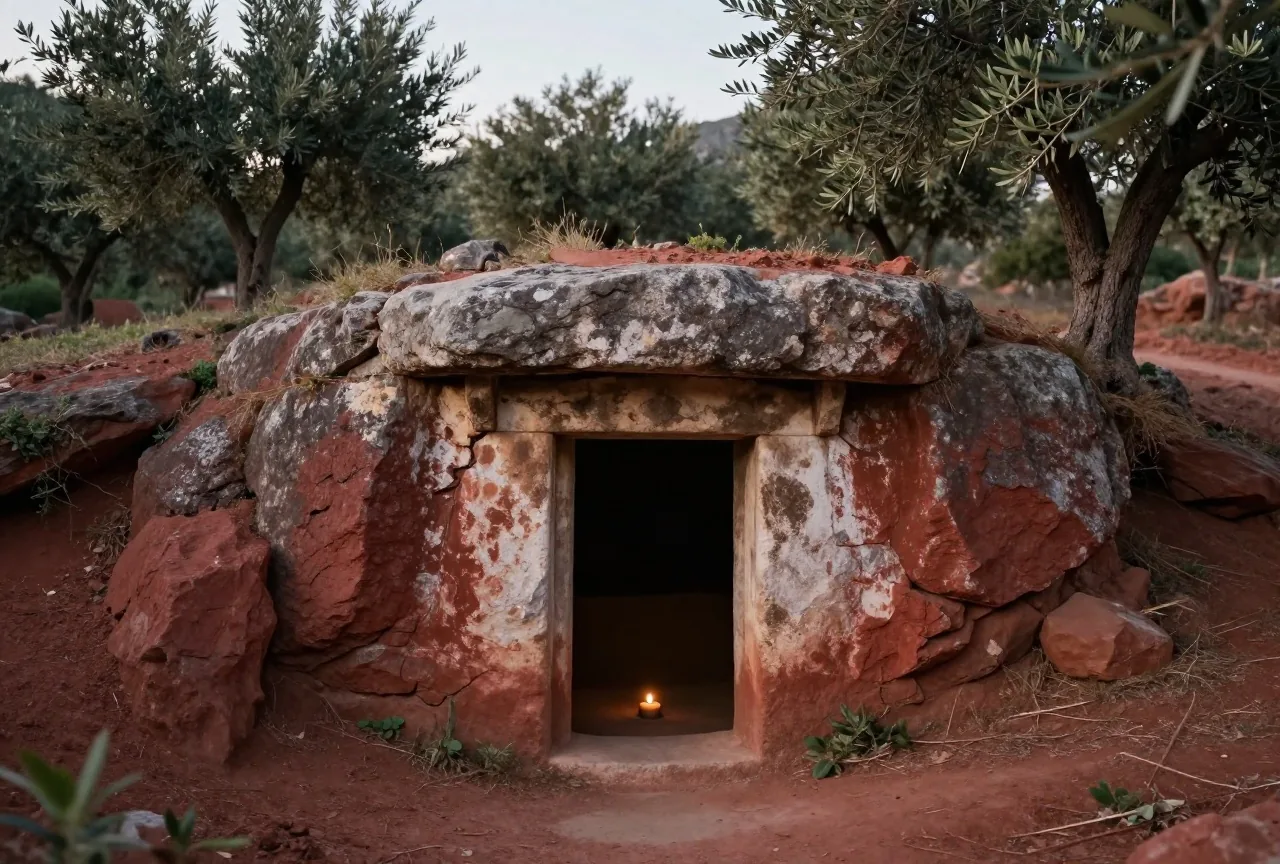 Der Eingang einer alten Grabhöhle aus Stein in einem Hang zwischen Olivenbäumen im weichen Nachmittagslicht