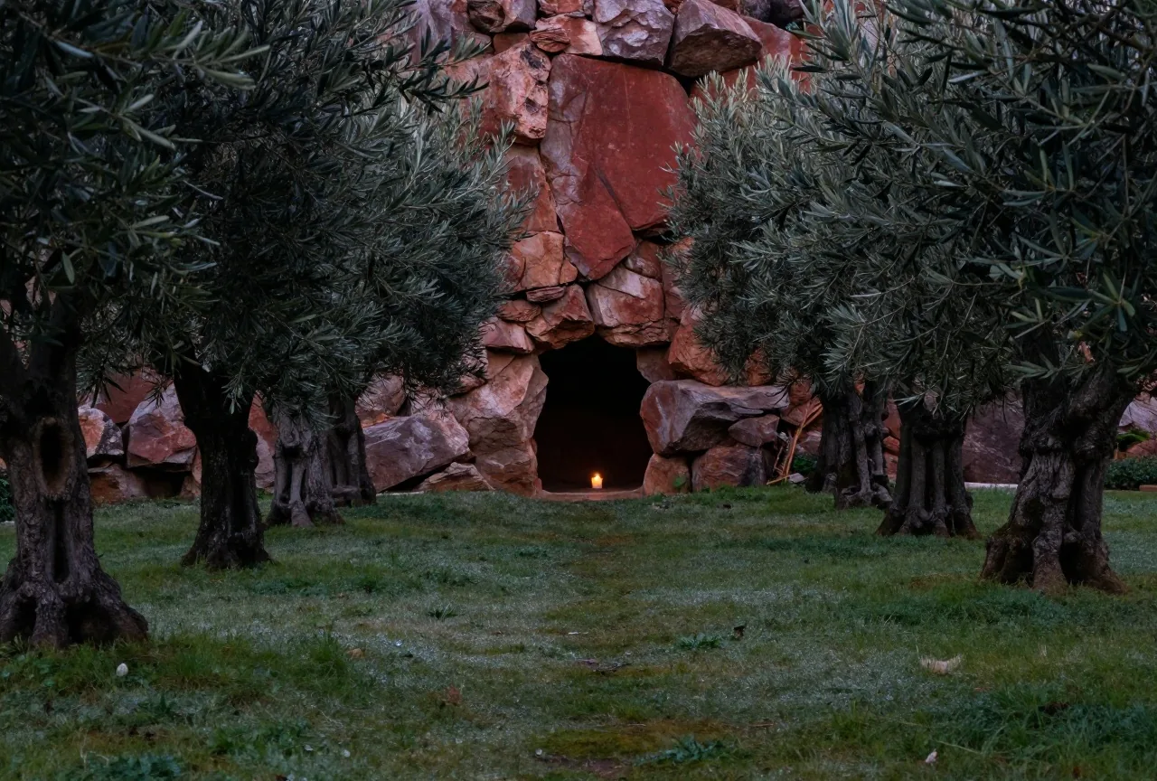 Ein stiller Garten in der Morgendämmerung, ein Weg zwischen Olivenbäumen führt zu einer Felswand mit dunkler Öffnung