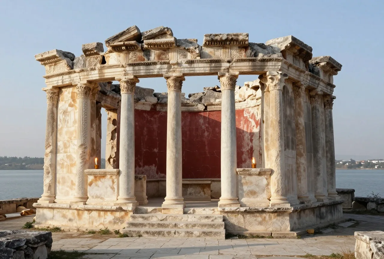 Die Ruinen einer antiken Synagoge aus hellem Kalkstein mit Säulenbasen und Stufen nahe einem See im Morgenlicht