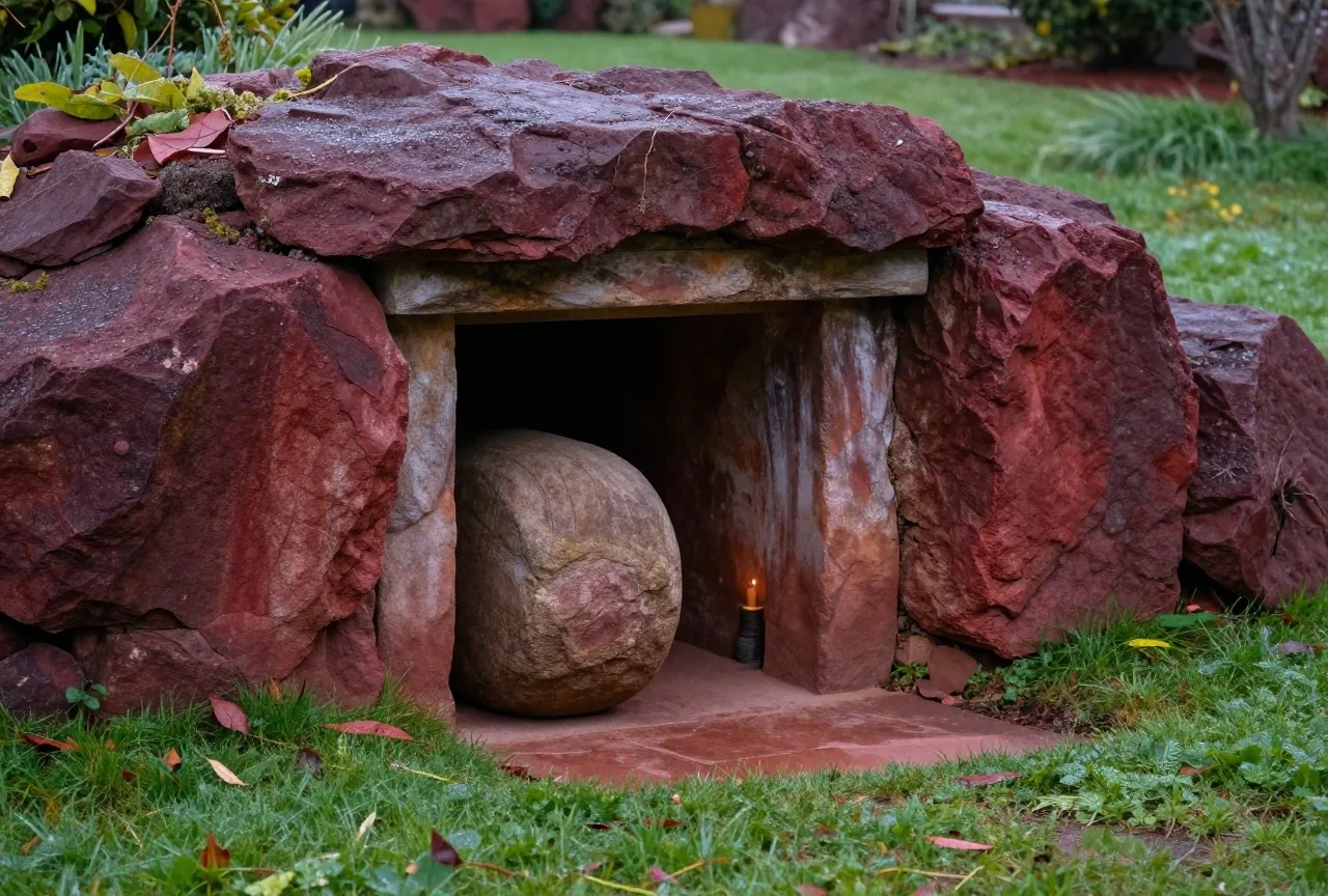 Ein in den Fels gehauener Grabeingang in einem Garten, ein großer runder Stein ist zur Seite gerollt, frühes Morgenlicht