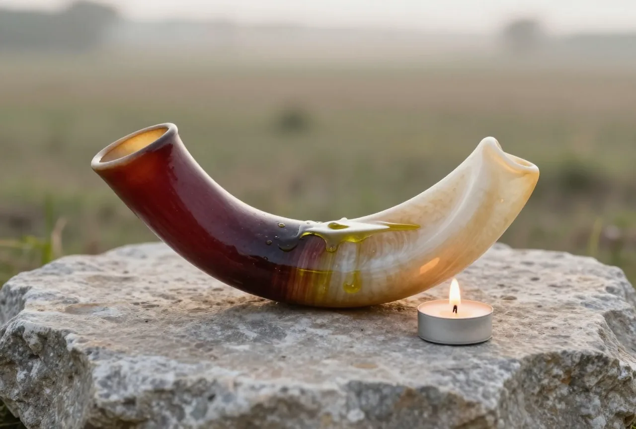 Ein gebogenes Widderhorn mit Olivenöl liegt auf einem flachen Stein auf einer Weide im weichen Morgenlicht