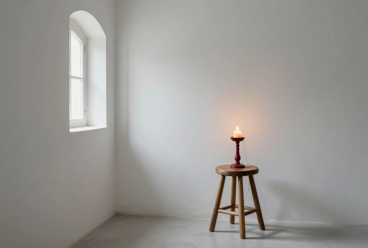 Ein schlichter weiß gekalkter Raum, durch ein kleines Bogenfenster fällt weiches Licht auf einen Holzschemel und eine Spindel mit Wolle