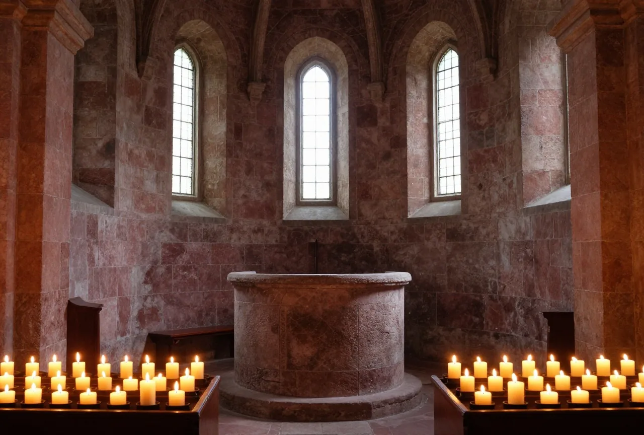 Das Innere einer stillen frühmittelalterlichen Steinkirche mit runder Apsis, brennenden Kerzen und weichem Licht durch schmale Fenster