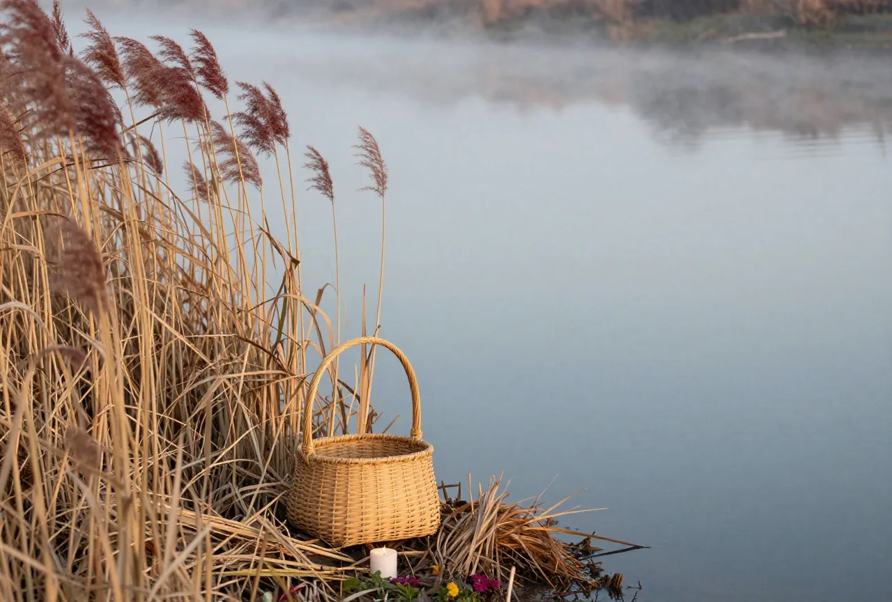 Ein kleiner geflochtener Korb aus Schilf liegt zwischen hohem Papyrus am Ufer eines ruhigen Flusses im Morgennebel
