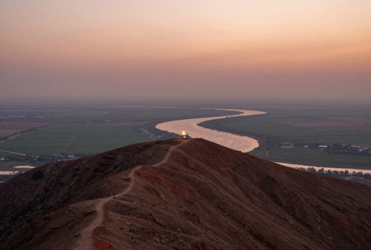 Blick von einem kahlen Bergrücken über ein dunstiges Flusstal und ferne grüne Felder bei Sonnenuntergang