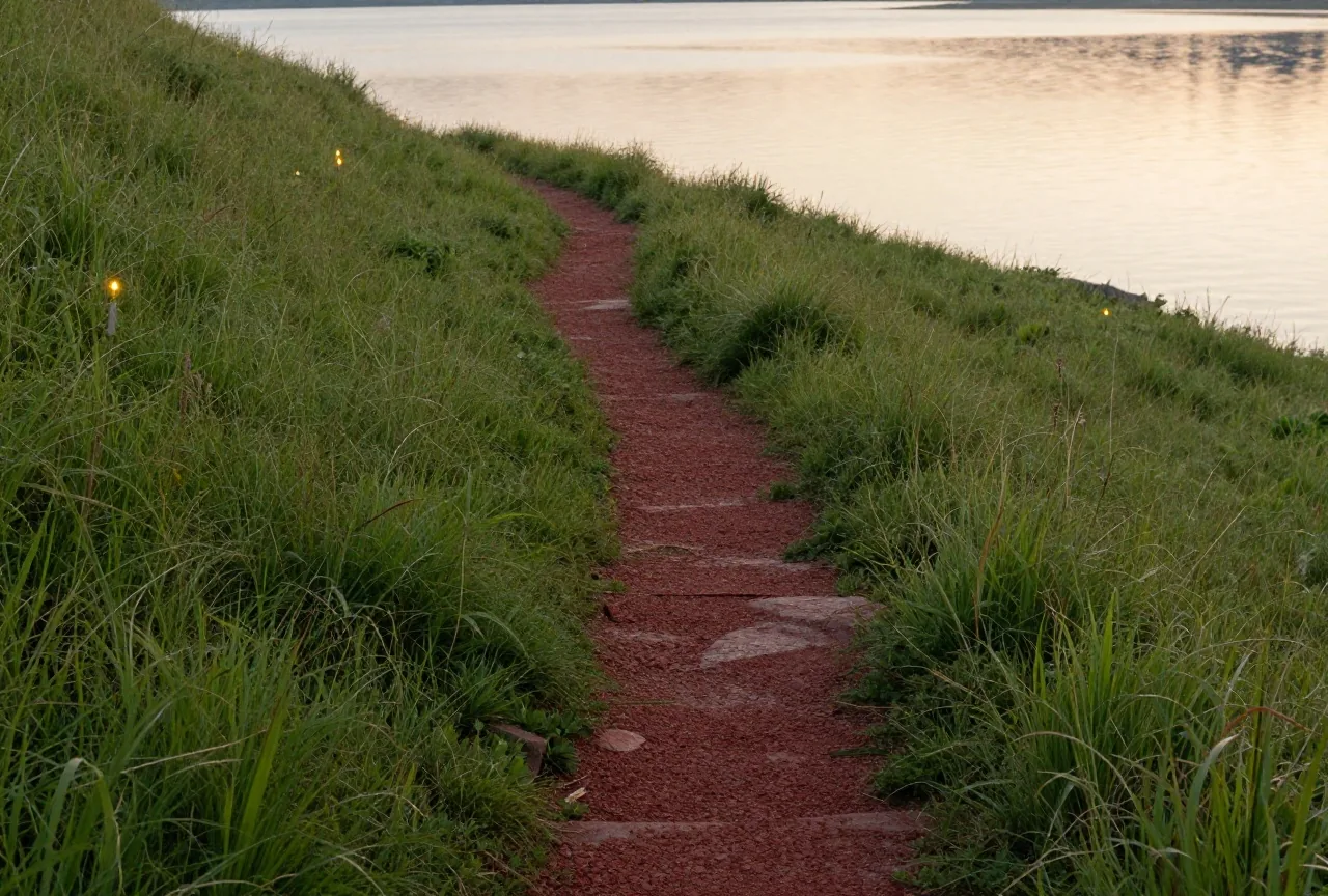 Ein stiller grüner Hang über einem See im ersten Licht, ein schmaler Fußweg windet sich zwischen Gras und Steinen hinauf