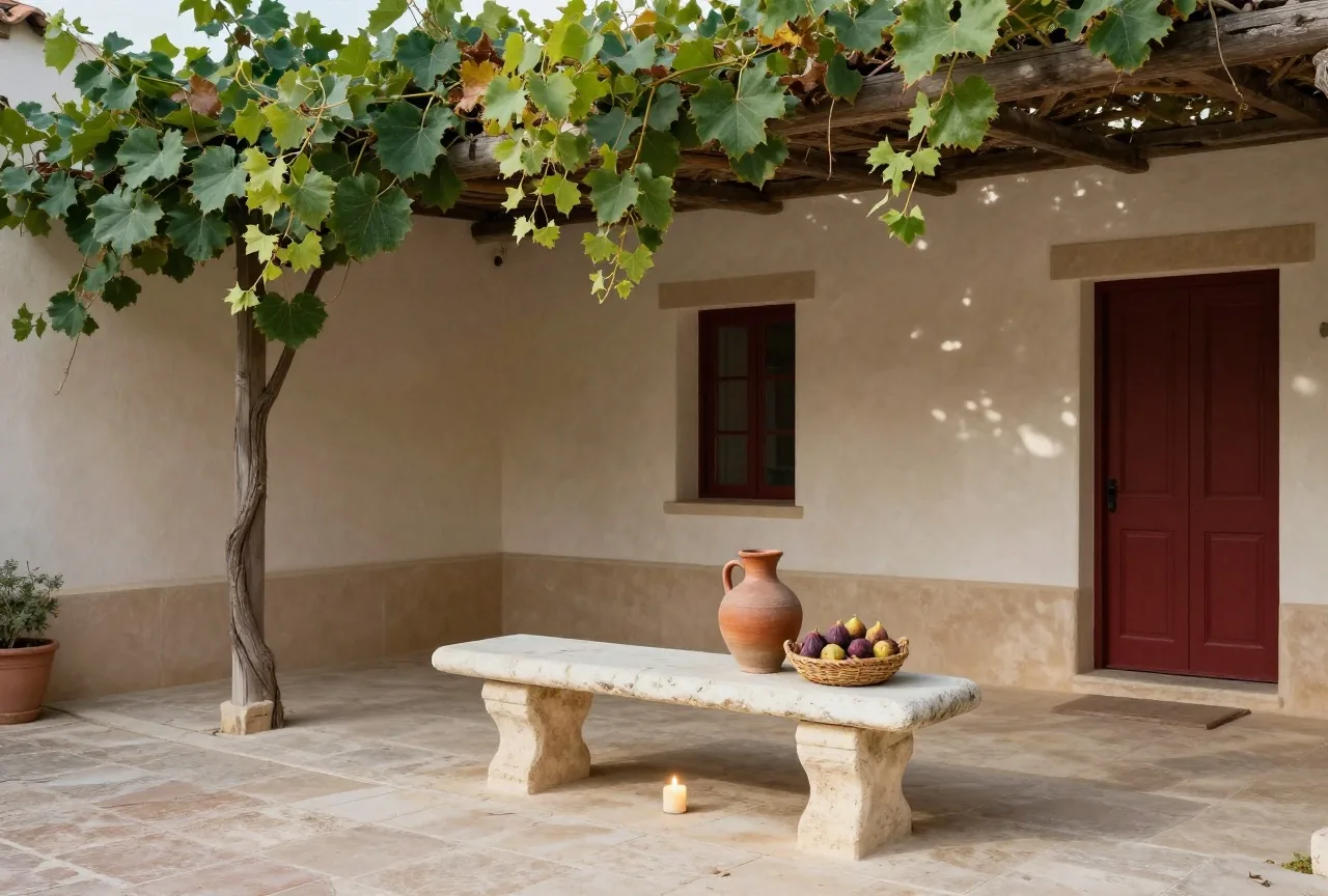 Ein sonniger Innenhof eines antiken Hauses mit Steinbank, Tonkrug und einem Korb Feigen unter einer Weinlaube