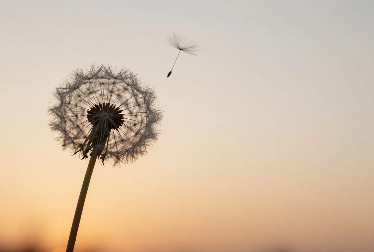 Trockene Pusteblumensamen werden vom Wind fortgeweht vor einem goldenen Himmel am späten Nachmittag