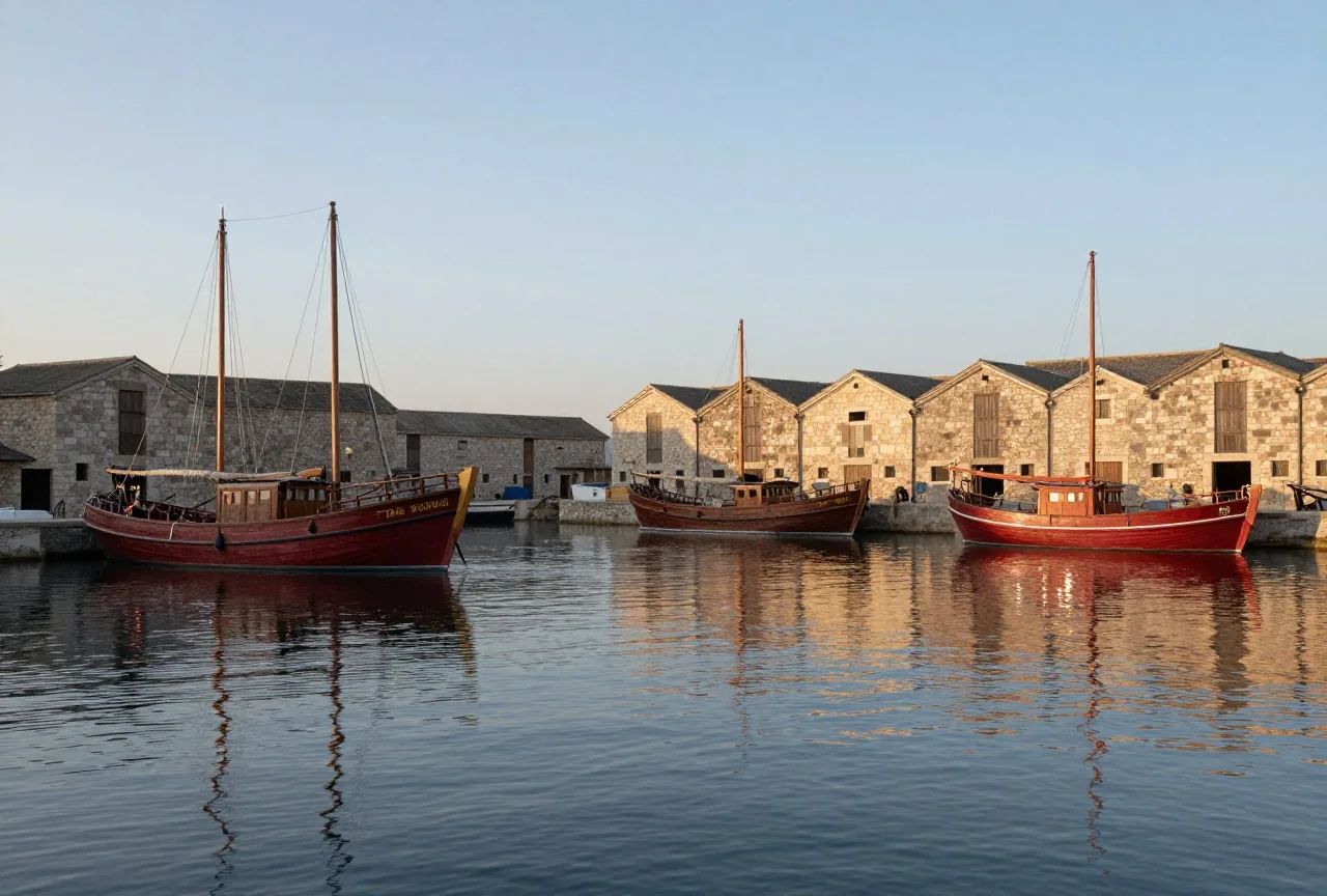 Ein antiker Hafen an einer ruhigen Bucht mit hölzernen Handelsschiffen und steinernen Lagerhäusern am frühen Morgen