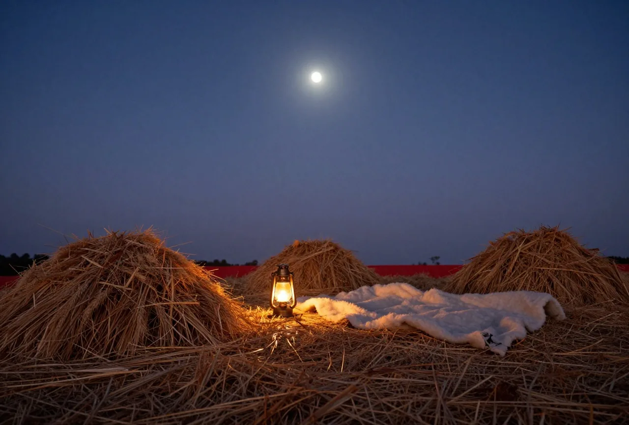 Eine Dreschtenne auf einem Hügel bei Nacht mit Gerstenhaufen und einer Wolldecke im Mondlicht und Schein einer Öllampe