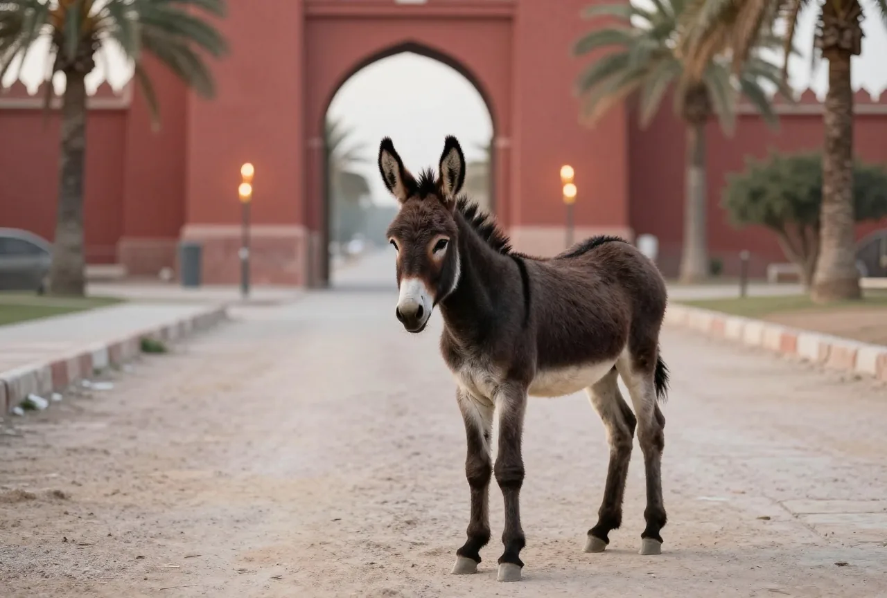 Eine junge Eselin mit Fohlen steht auf einem staubigen Steinweg vor einem alten Stadttor, daneben Palmen