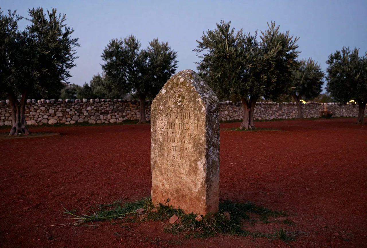 Ein alter Grenzstein steht in der Dämmerung auf einem Feld zwischen zwei Äckern, dahinter Steinmauer und Olivenbäume