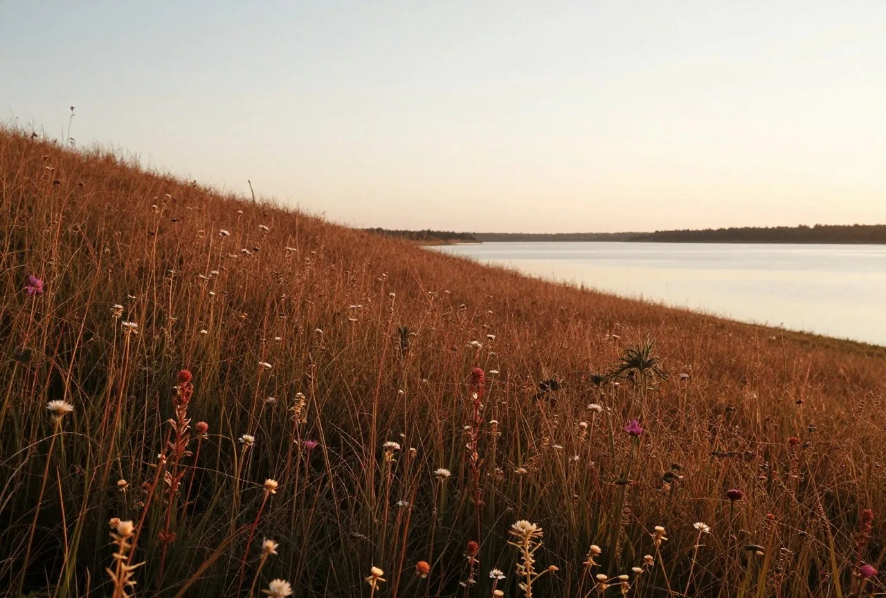 Ein grasbewachsener Hang fällt am Abend zu einem ruhigen See ab, vorne Wildblumen im goldenen Licht