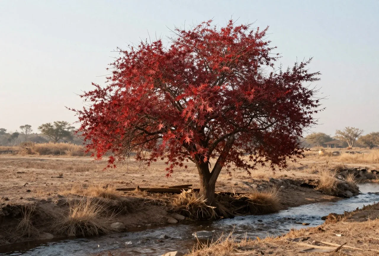 Ein einzelner belaubter Baum wächst an einem klaren Bach in einer trockenen Landschaft im Morgenlicht