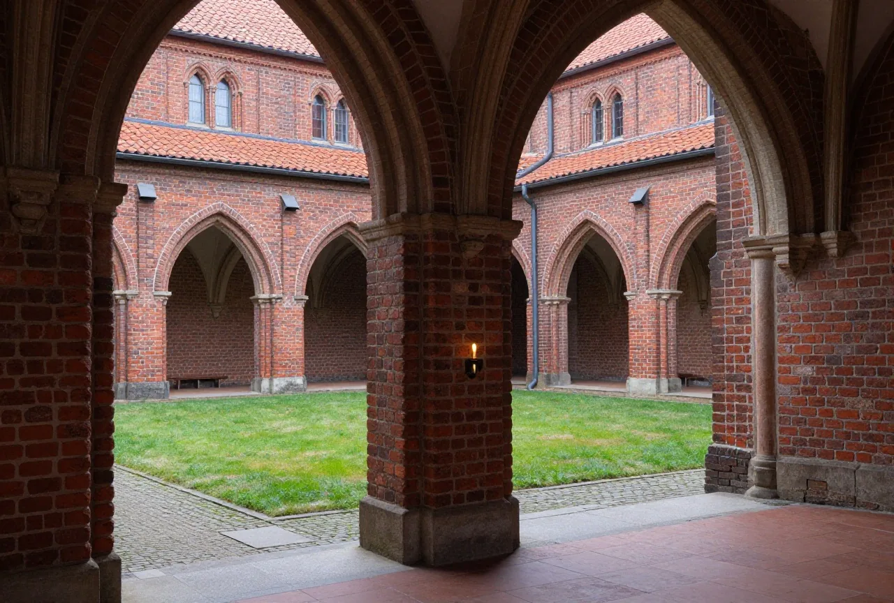 Der Kreuzgang eines mittelalterlichen Klosters in Niedersachsen mit Backsteinbögen um einen stillen grünen Innenhof im Morgenlicht