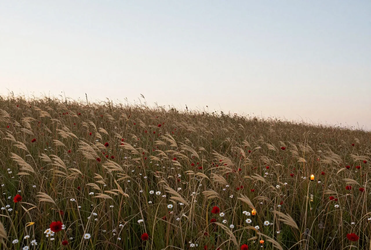 Ein Feld mit Wildblumen, die sich an einem Hang unter blassem Abendhimmel im Wind bewegen