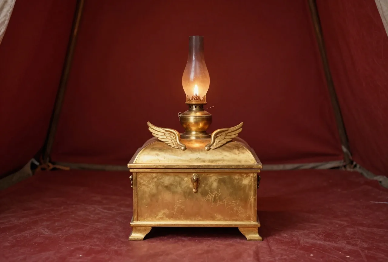 Eine goldene Truhe mit zwei ausgebreiteten goldenen Flügelformen auf dem Deckel in einem dämmrigen Zelt bei Öllampenlicht