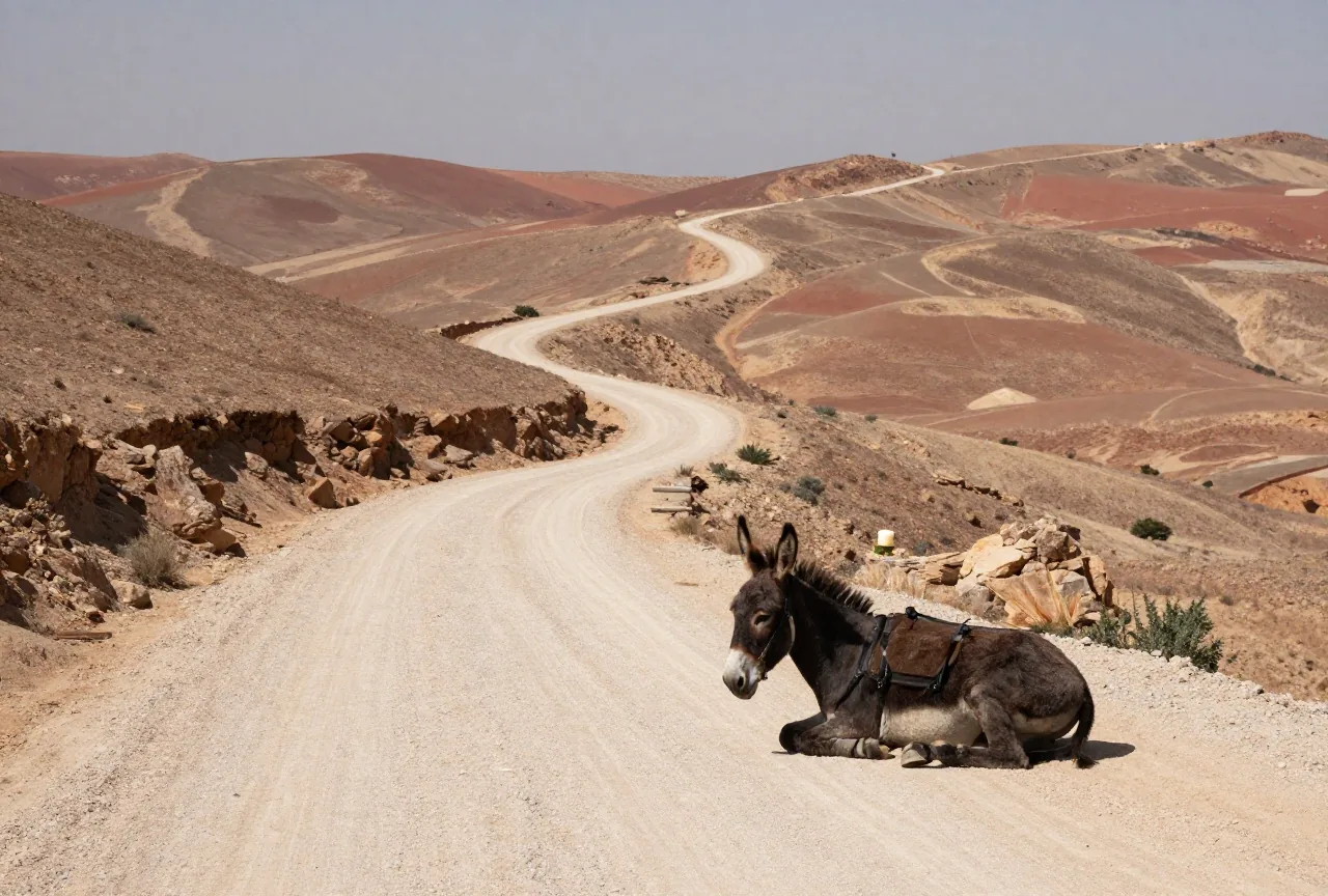 Eine gewundene staubige Straße durch kahle Hügel hinab nach Jericho, am Wegrand ruht ein Esel im grellen Mittagslicht
