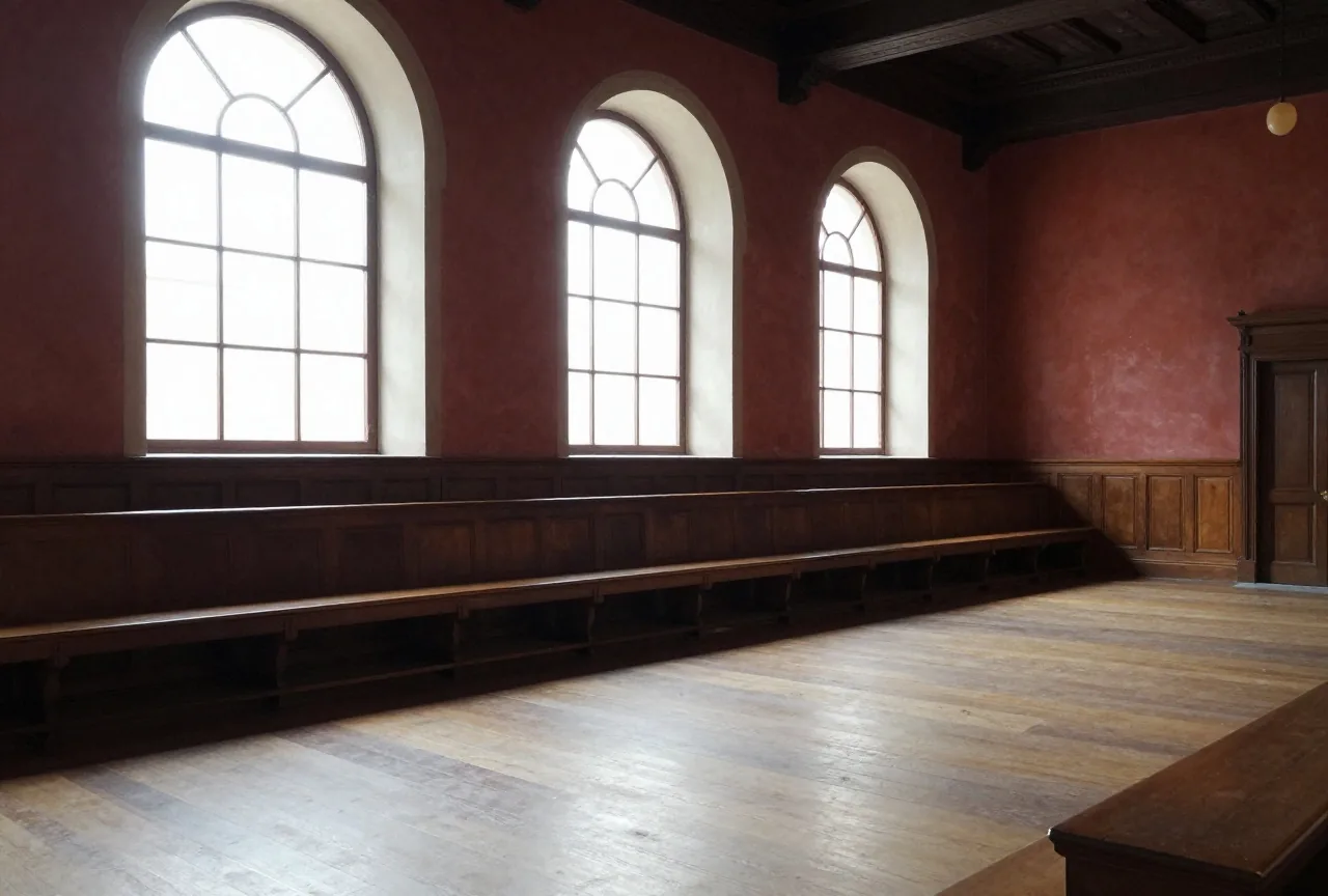 Ein großer Saal der Renaissance mit langen Holzbänken und hohen Bogenfenstern, leer im Nachmittagslicht
