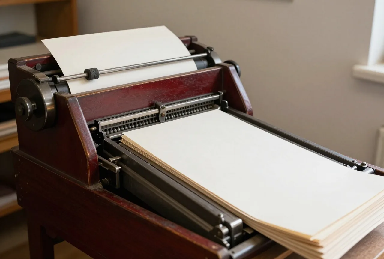 Eine alte hölzerne Druckerpresse in einer dämmrigen Werkstatt mit Setzkästen und einem Stapel leerer Papierbögen