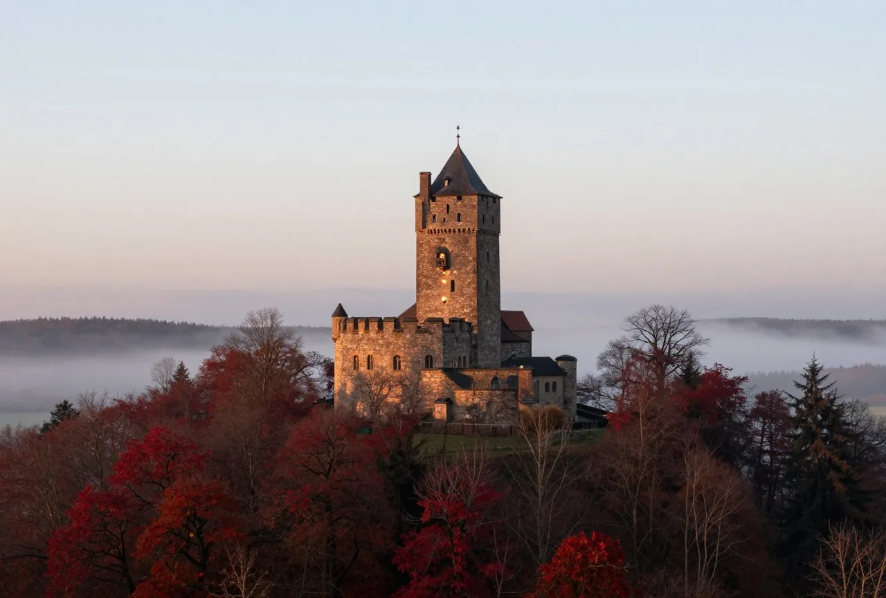 Eine kleine Burg aus Stein auf einem bewaldeten Hügel in Thüringen bei Sonnenaufgang mit Nebel im Tal