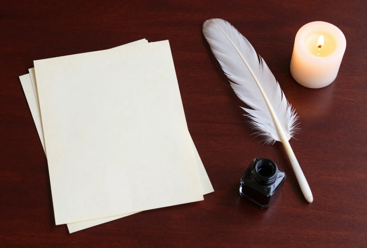 Eine Gänsefeder und ein Tintenfass auf einem dunklen Eichentisch neben einem Stapel leerer cremefarbener Papierbögen