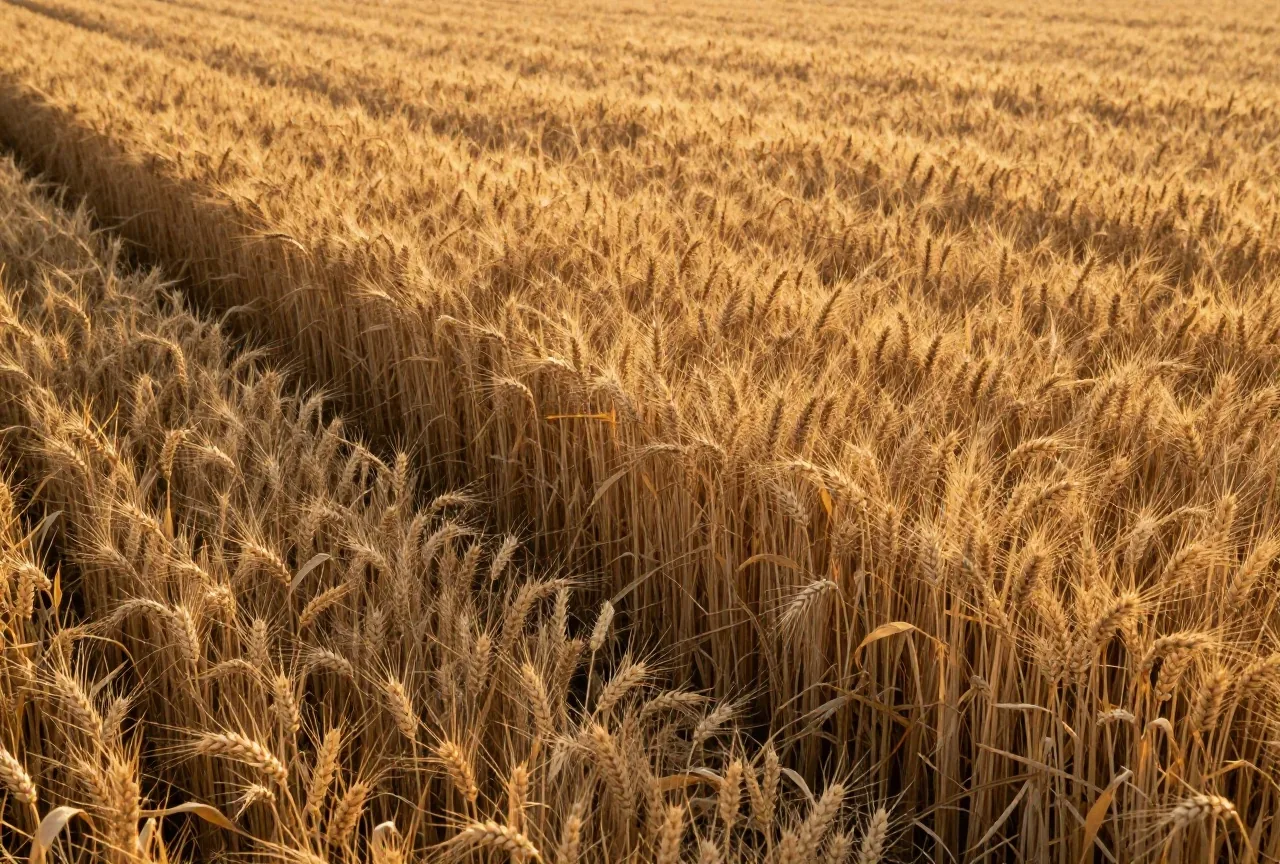 Der Rand eines abgeernteten Weizenfelds, an dem ungeschnittene Halme stehen geblieben sind, im goldenen Abendlicht