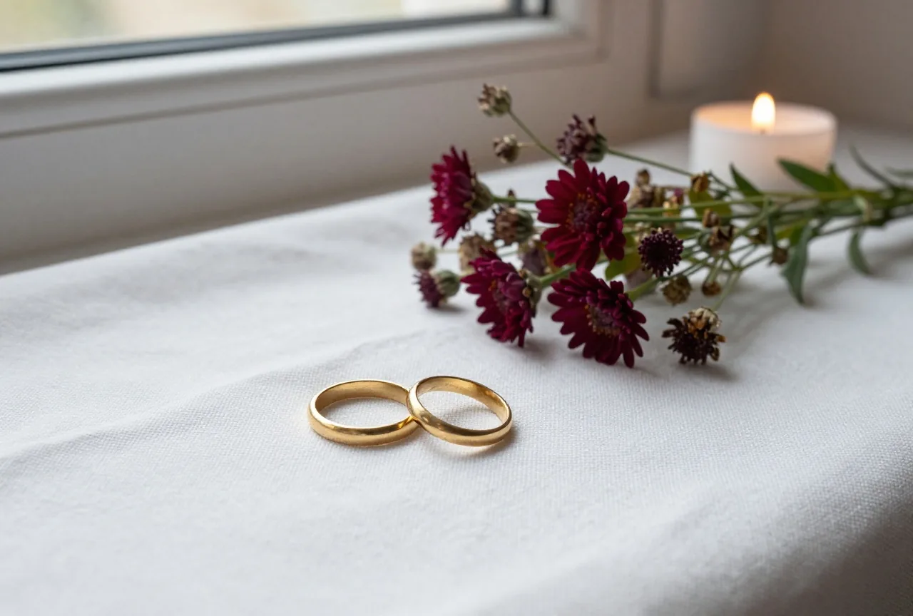 Zwei schlichte goldene Ringe liegen auf einem weißen Leinentuch neben einem kleinen Strauß Wiesenblumen im Fensterlicht