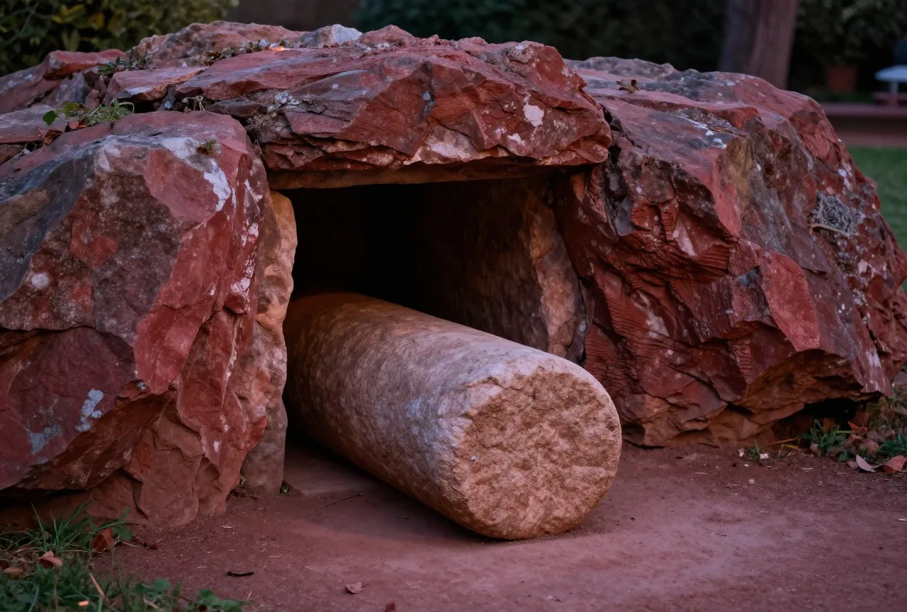 Ein in den Fels gehauenes Grab in einem stillen Garten, vor dem Eingang liegt ein großer runder Stein