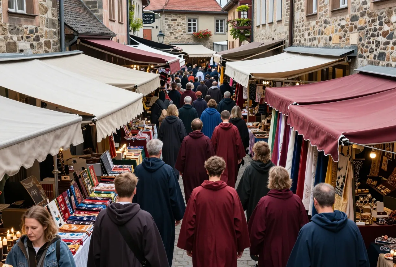 Eine belebte antike Marktgasse in einer hügeligen Steinstadt von oben mit bunten Stoffen, Sonnensegeln und Menschen in Gewändern