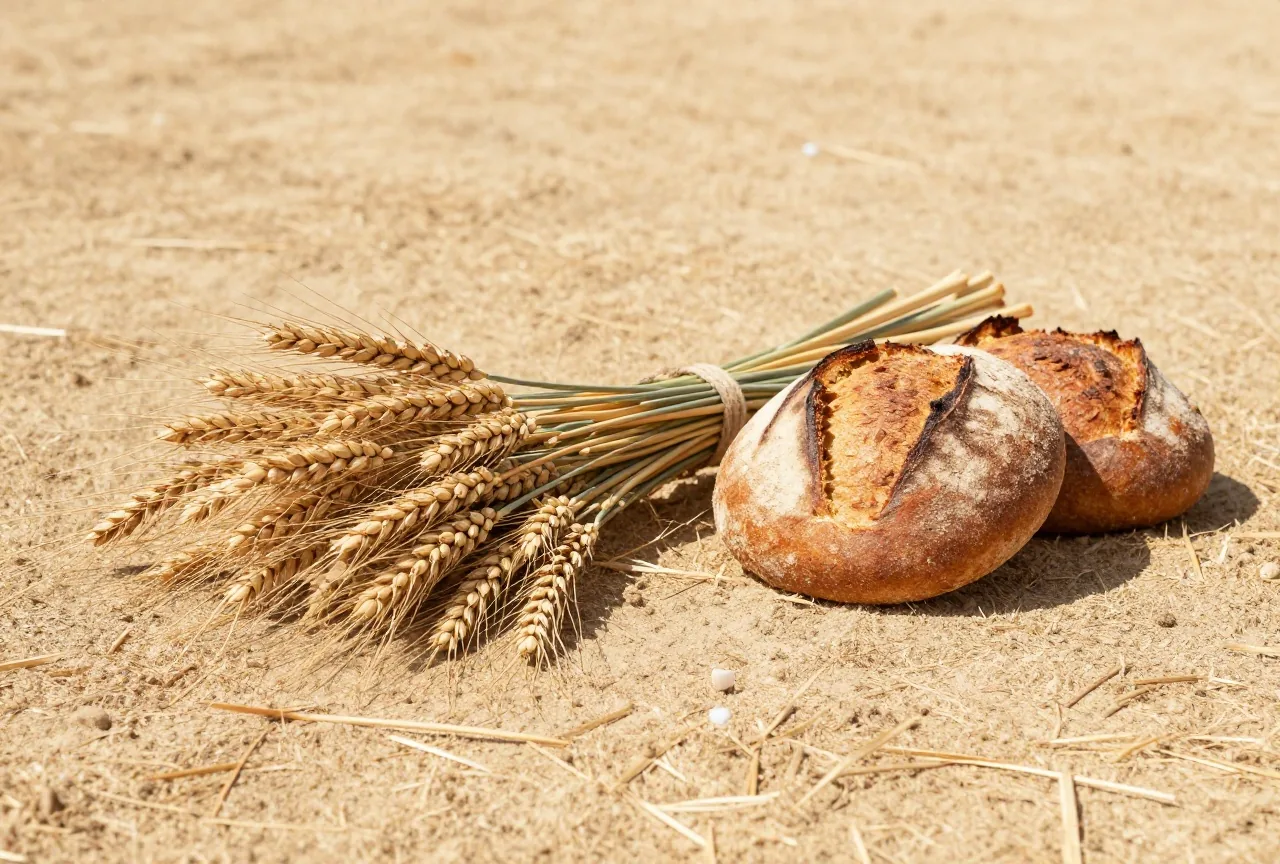 Reife Weizengarben mit Strohbändern liegen auf einer Tenne neben zwei runden Broten in der Frühsommersonne