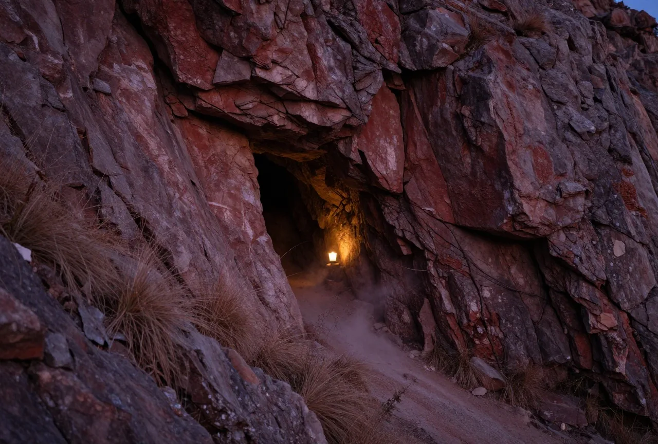 Der schmale Eingang einer Berghöhle an einem felsigen Hang, ein leichter Wind bewegt trockenes Gras im Abendlicht