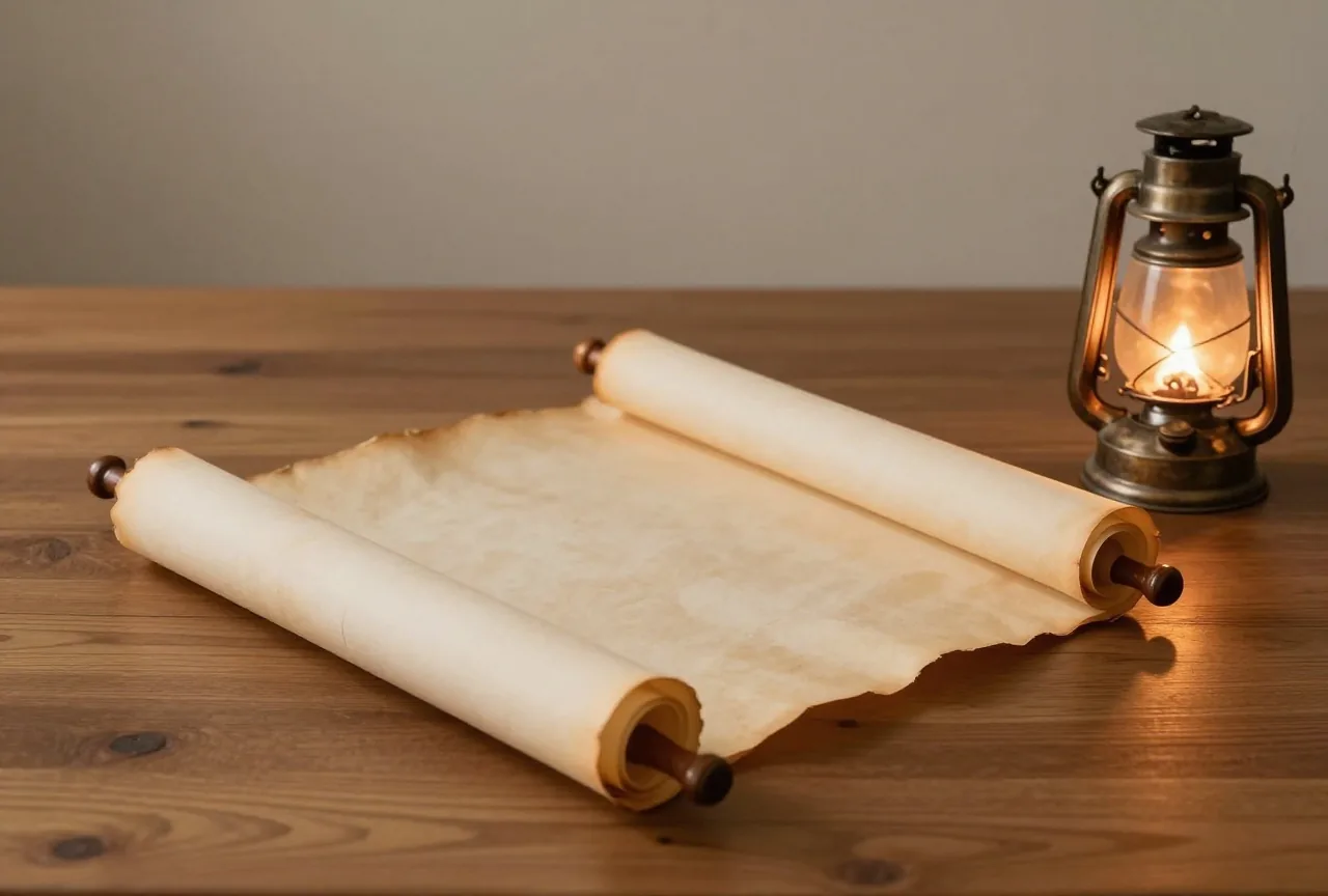 Zusammengerollte Pergamentrollen an Holzstäben liegen neben einer Öllampe auf einem schlichten Holztisch