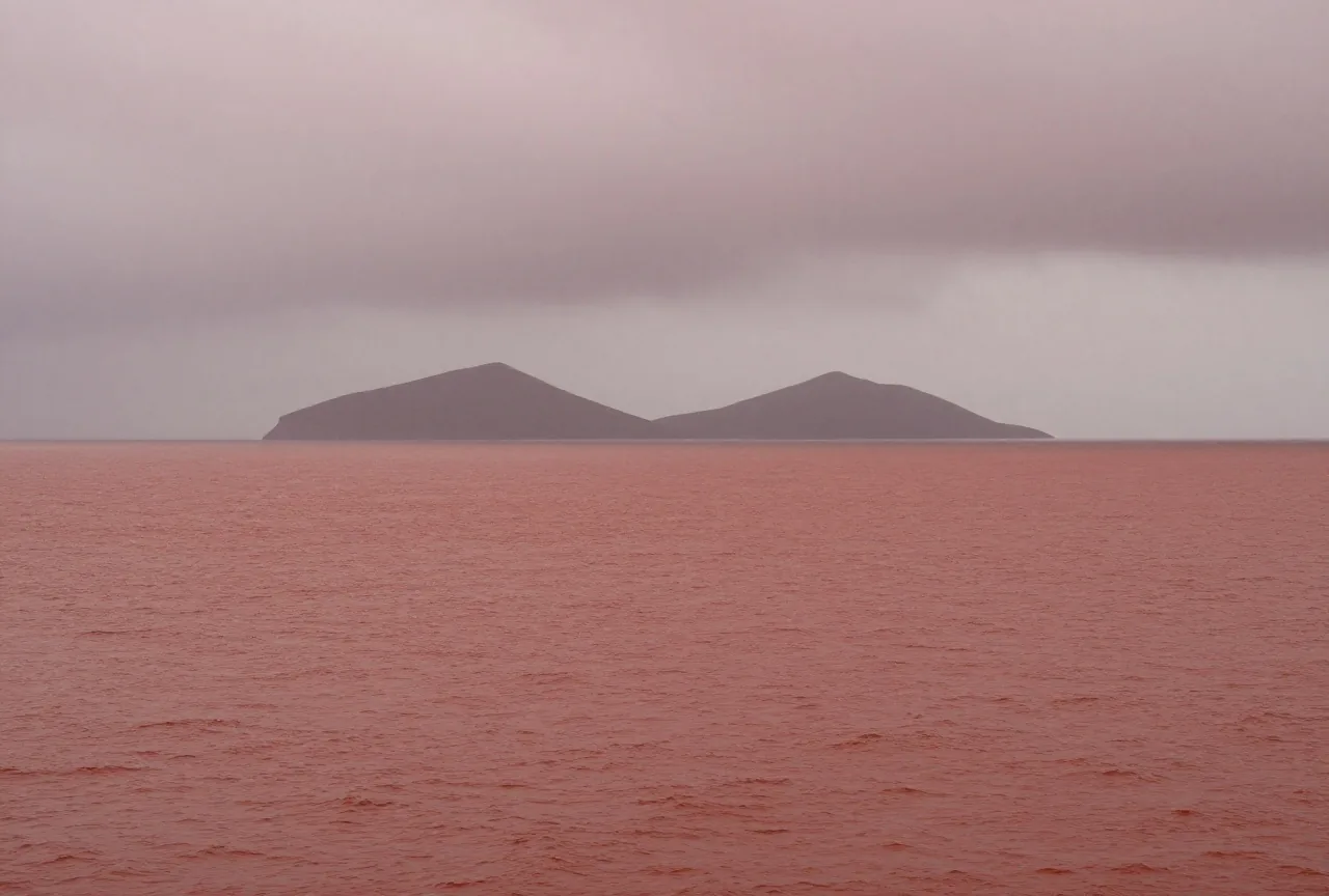 Ein endloses graues Meer unter schweren Regenwolken, nur zwei ferne Berggipfel ragen aus dem Wasser