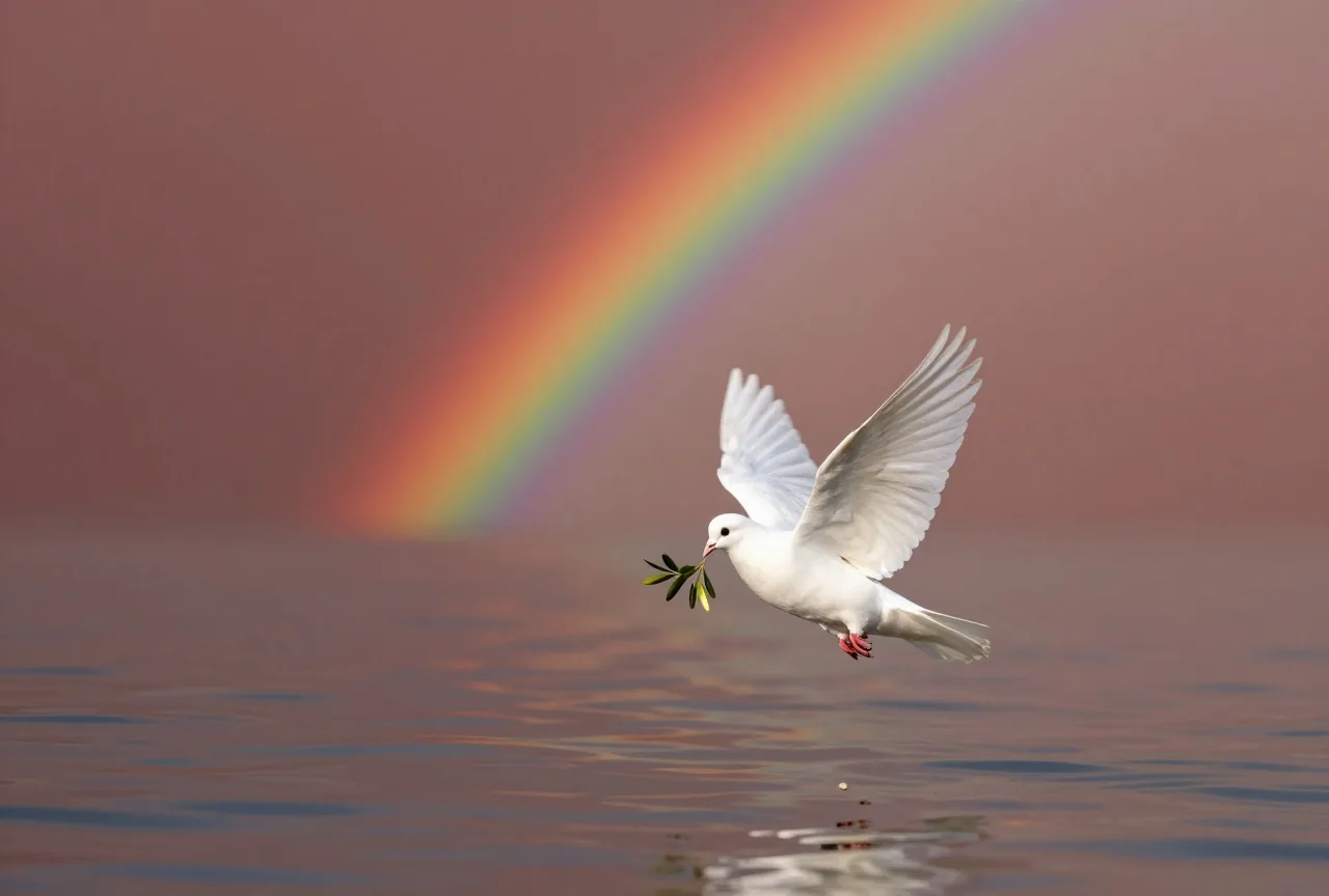 Eine weiße Taube fliegt mit einem kleinen Olivenzweig über ruhiges Wasser, dahinter ein Regenbogen am aufklarenden Himmel