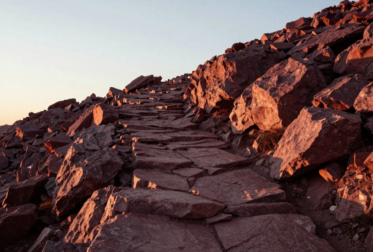 Ein steiniger Bergpfad bei Sonnenaufgang windet sich zwischen Felsen, goldenes Licht fällt über die Steine