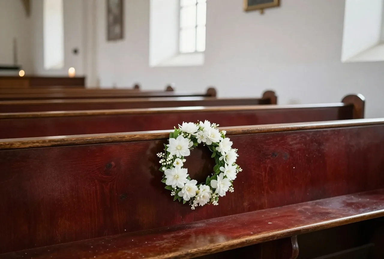 Ein kleiner Kranz aus weißen Blumen liegt auf einer hölzernen Kirchenbank in einer hellen leeren Dorfkirche