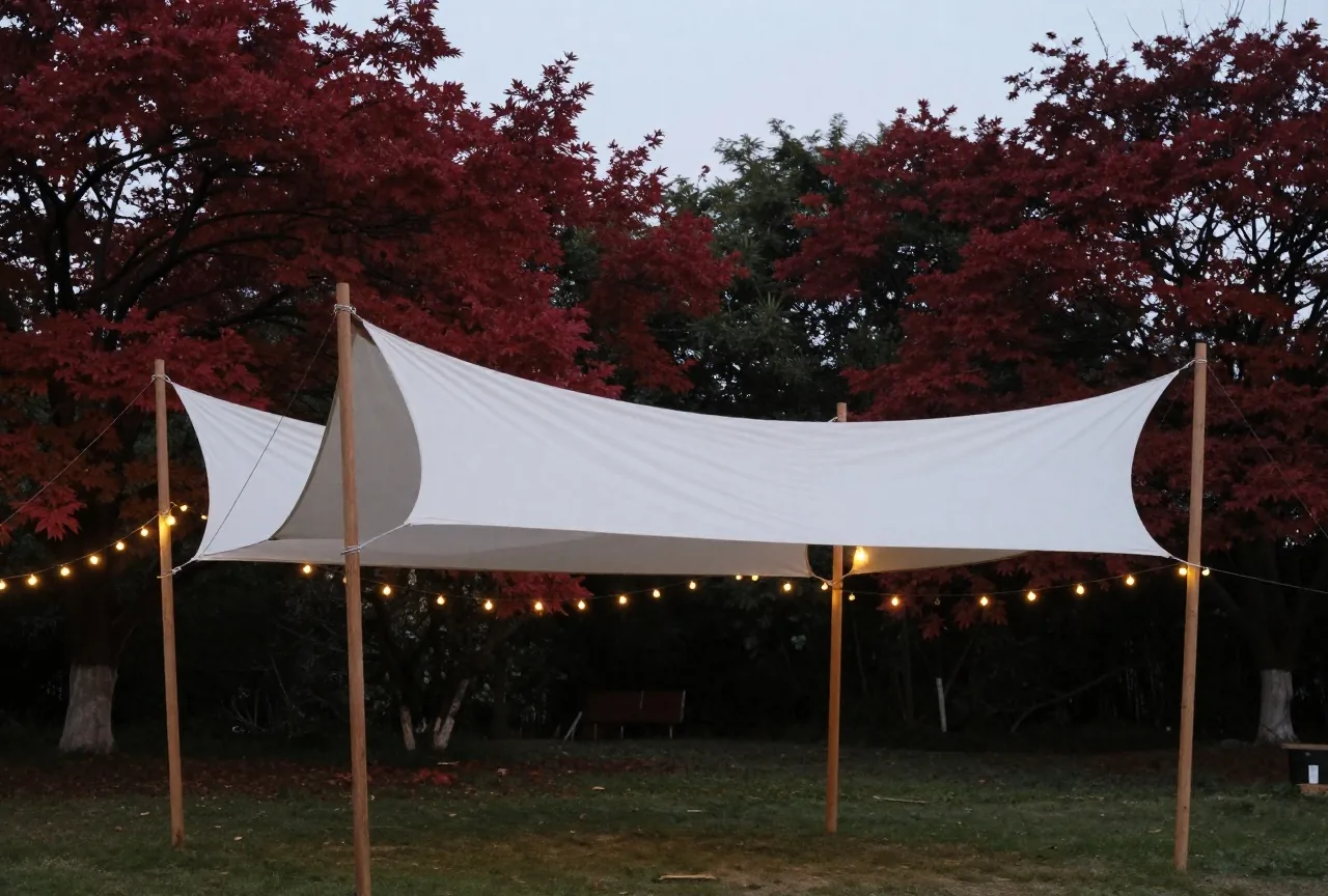Ein weißer Stoffbaldachin auf vier Holzstangen in einem Garten in der Abenddämmerung mit Lichterketten in den Bäumen