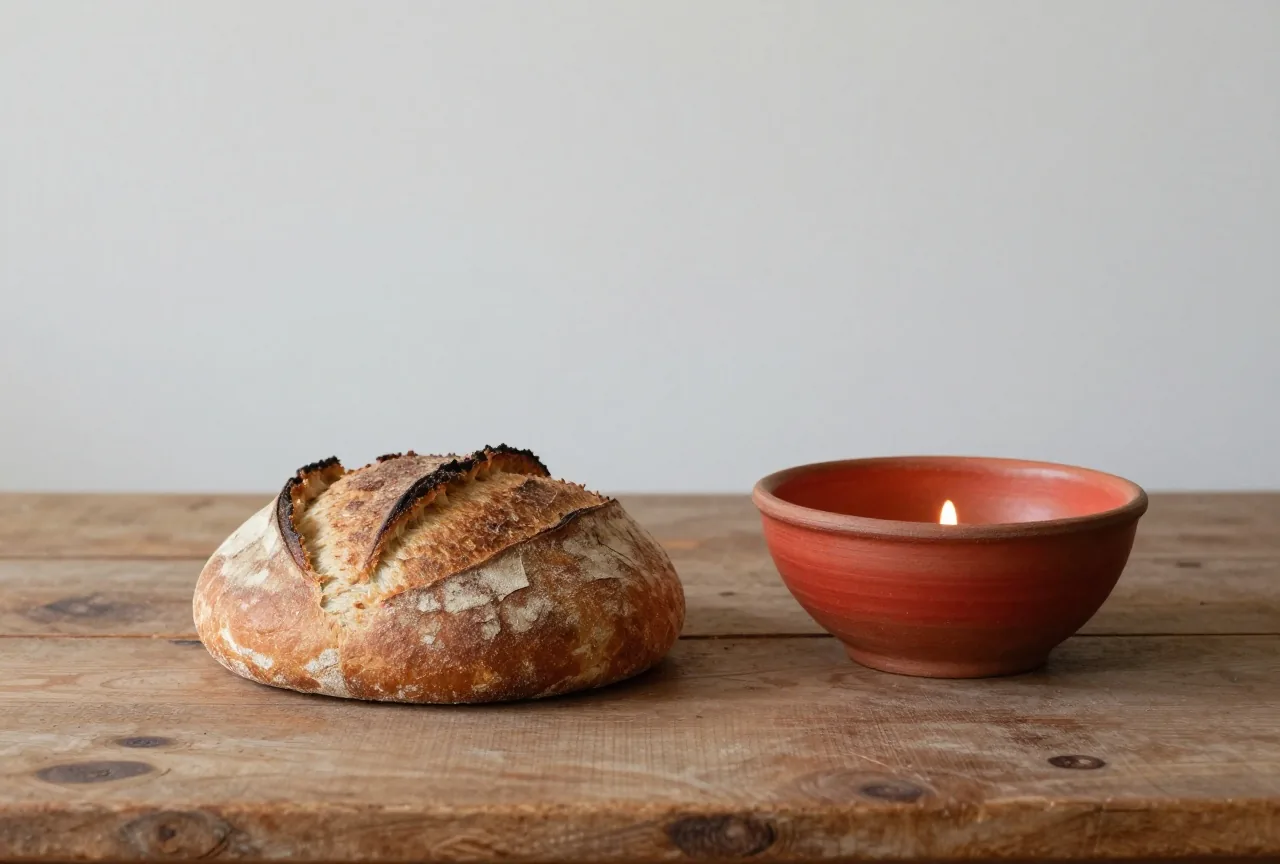 Ein rundes flaches Brot liegt neben einer Tonschale auf einem rauen Holztisch im warmen Seitenlicht