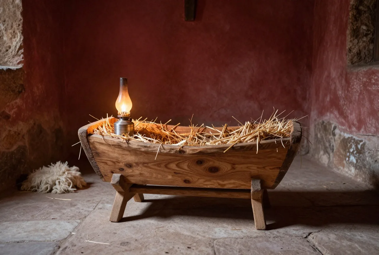 Eine einfache Holzkrippe mit Stroh in einem rauen Steinraum, beleuchtet von einer kleinen Öllampe