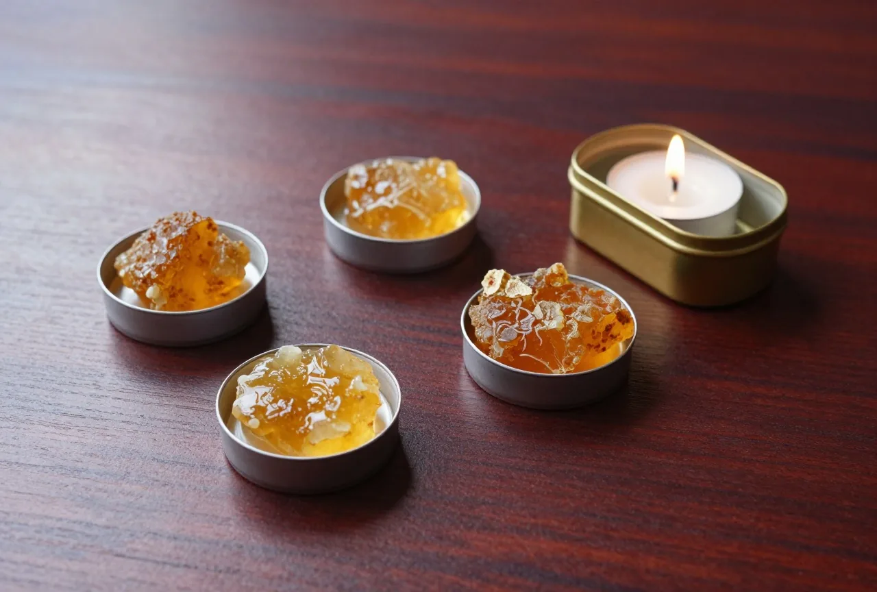 Kleine Schalen mit goldenem Harz, ein Stück Myrrhe und ein goldfarbenes Kästchen auf einem dunklen Holztisch