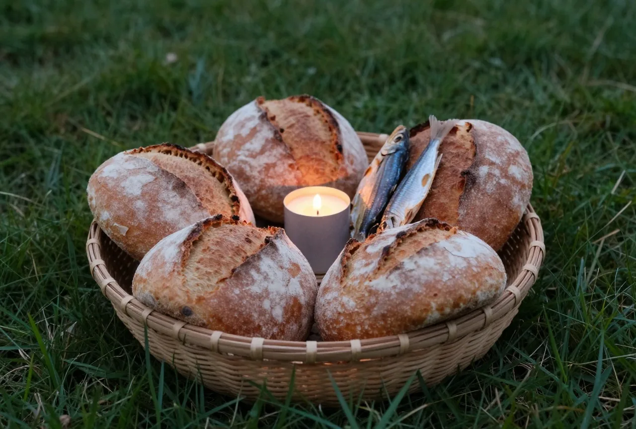 Fünf runde flache Brote und zwei getrocknete Fische liegen in einem geflochtenen Korb auf grünem Gras
