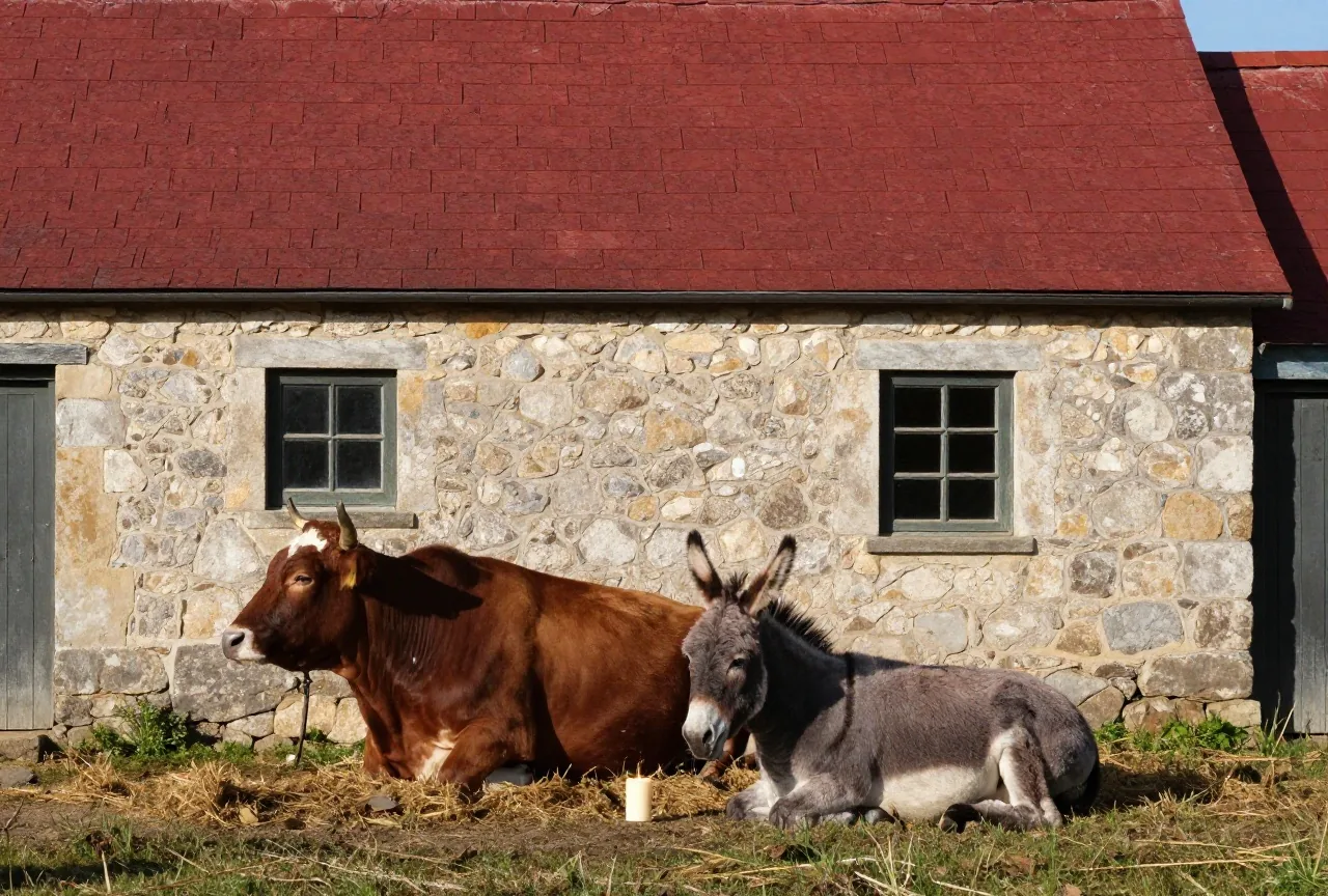 Ein stiller Hof mit einem Steinhaus, ein Ochse und ein Esel ruhen zur Mittagszeit im Schatten